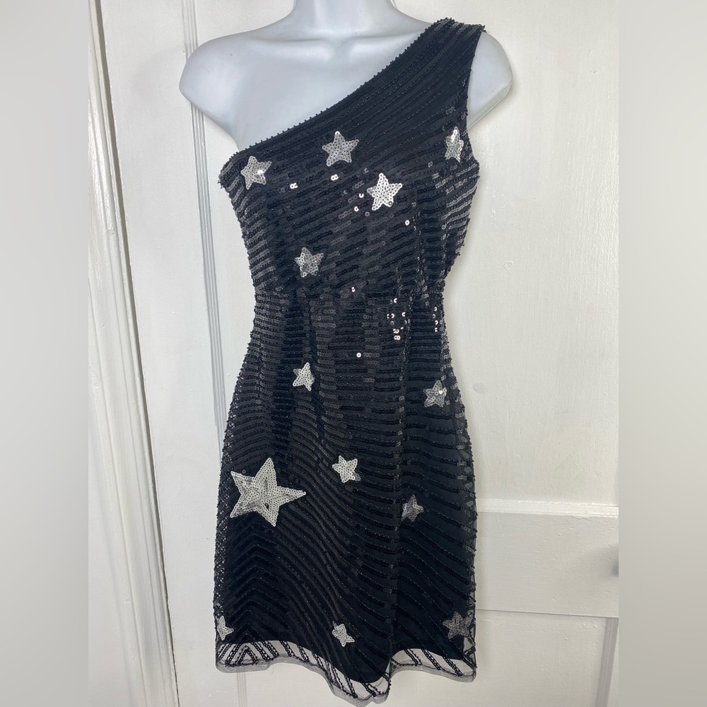 Black Sequin One Shoulder Cocktail Party Dress with Silver Stars